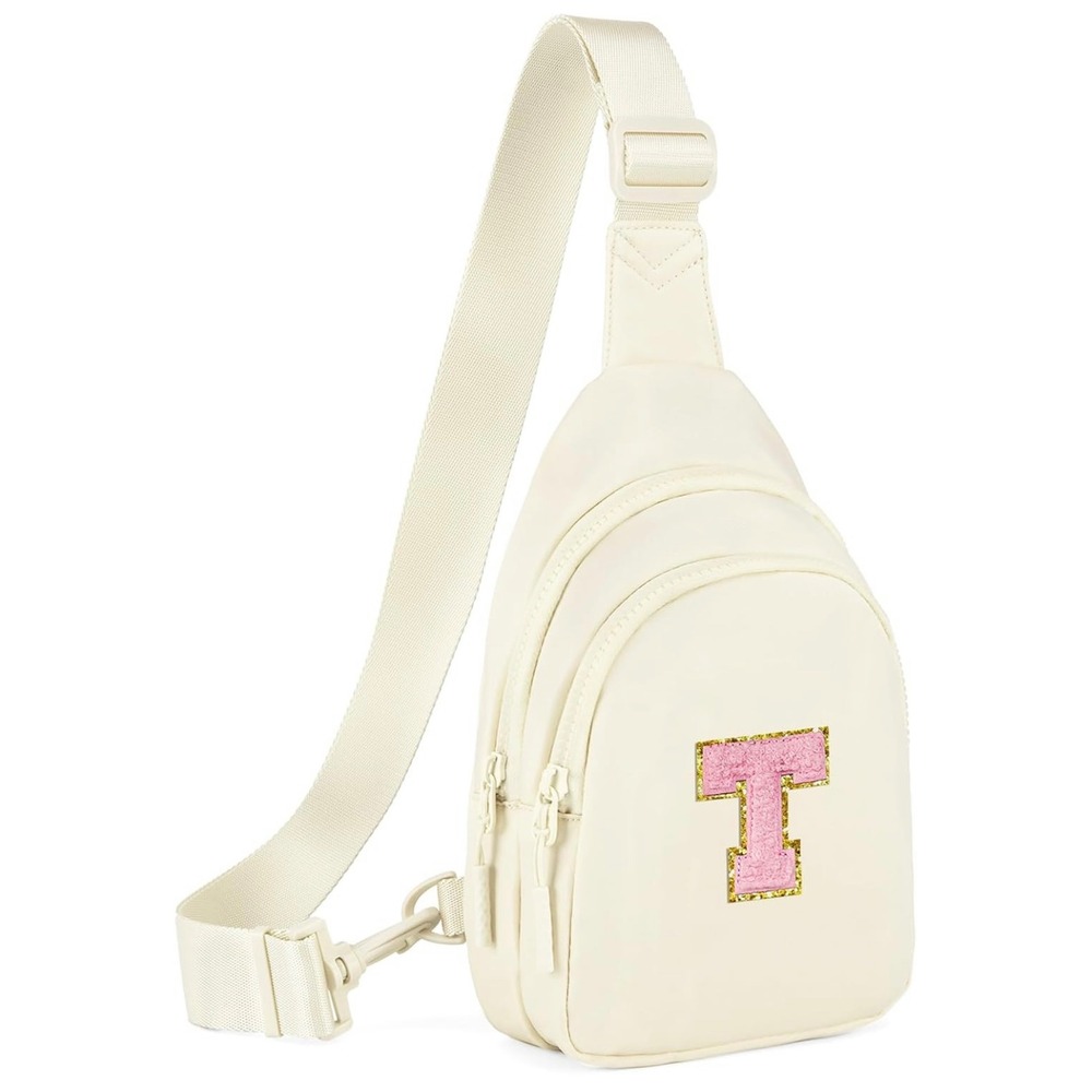 Beige Letter T Sling Bag Chest Backpack Crossbody Purse Adjustable Strap NEW